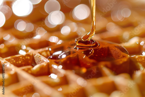 Waffles are covered in caramel and syrup, depicted in a quadratura style with a soggy texture. photo