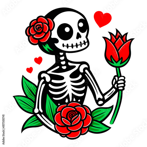 illustration of a skeleton couple deeply in love, embracing each other amidst a backdrop of swirling hearts, symbolizing eternal romance