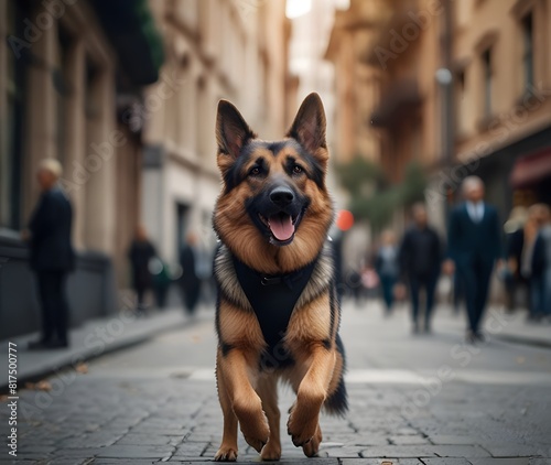 Medium shot portrait photography of a funny german shepherd fetching ball wearing a dapper suit against a busy urban street. With generative AI ... See More generate ai  © Aoun