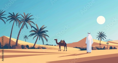 Sudan, palm trees in the desert with camels and an Arab man dressed photo