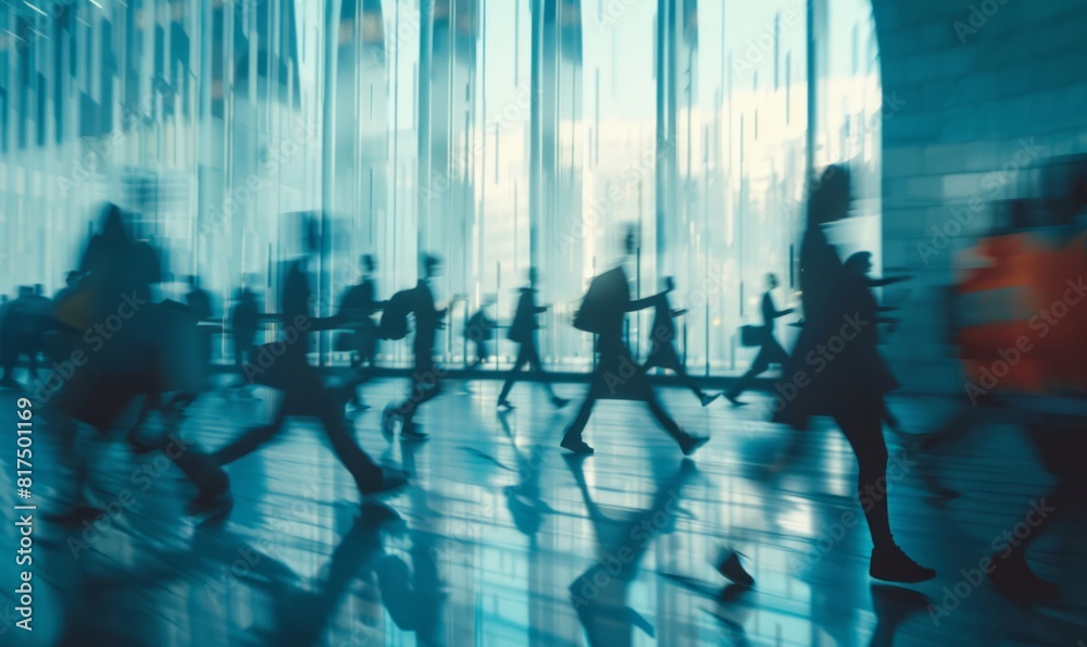People running for work in an office with an outside view, depicted in a cinematic composition with light white and teal colors. People running for work in an office with an outside view, depicted in a cinematic composition with light white and teal colors.