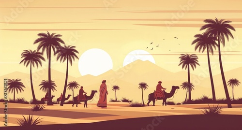 Sudan  palm trees in the desert with camels and an Arab man dressed