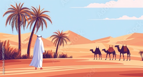 Sudan  palm trees in the desert with camels and an Arab man dressed