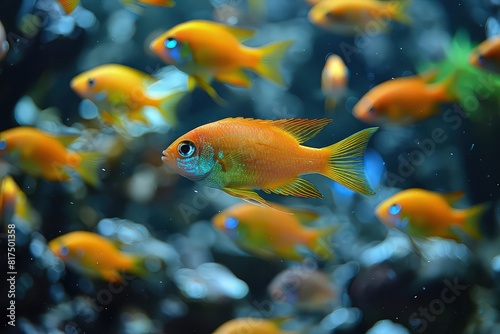 A school of fish, including an orange koi, is gracefully swimming in the underwater world, their fins gliding through the fluid as they explore their marine biology environment