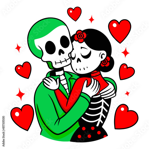 illustration of a skeleton couple deeply in love, embracing each other amidst a backdrop of swirling hearts, symbolizing eternal romance