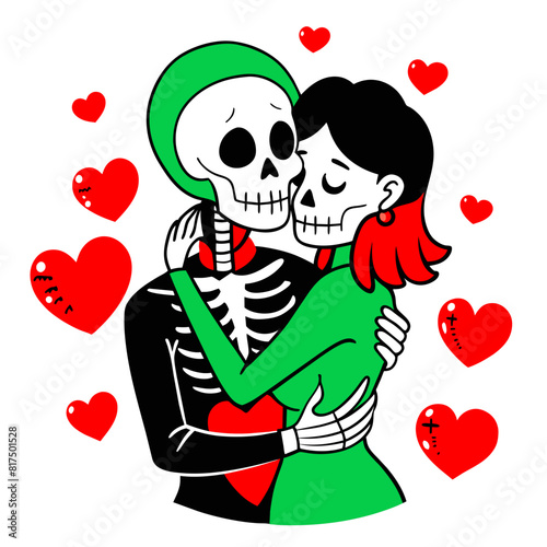 illustration of a skeleton couple deeply in love, embracing each other amidst a backdrop of swirling hearts, symbolizing eternal romance