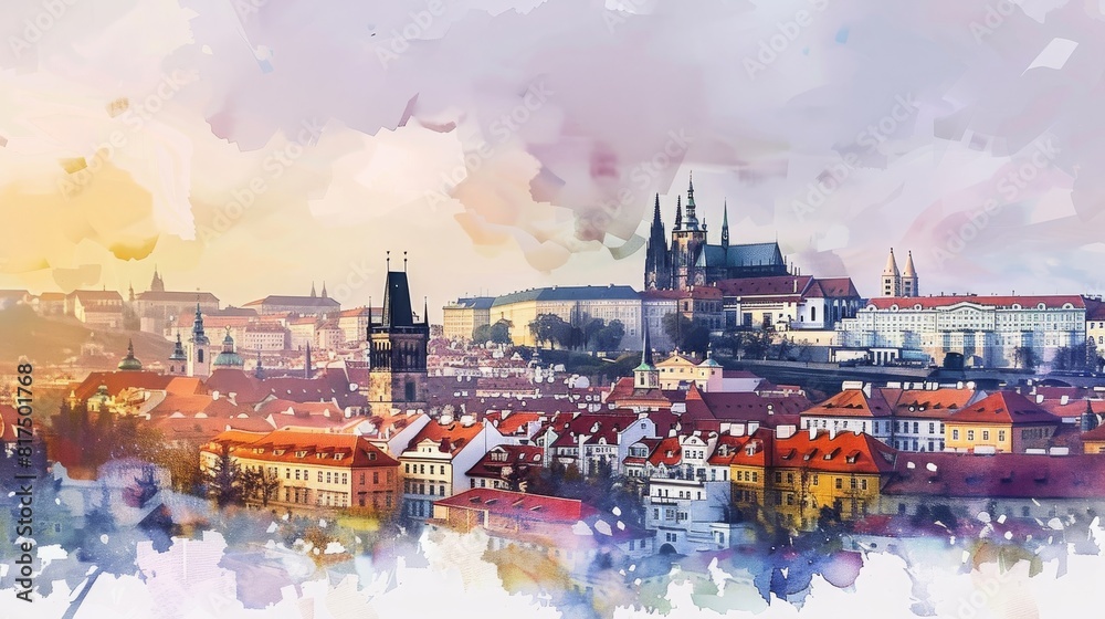 Φωτογραφία landscape sketch of prague, Czech Republic, realistic style, watercolor, 16:9