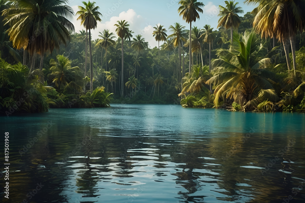 palm trees are reflected in the water with a boat in the water Embark on a journey into the heart palm trees are reflected in the water with a boat in the water Embark on a journey into the heart