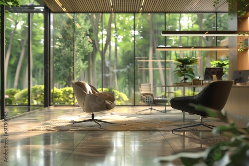 A 3D render of an executives closeup face in a sophisticated office surrounded by tall trees and natural light streaming in through glass walls The office features contemporary fur
