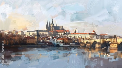 landscape sketch of prague, Czech Republic, realistic style, watercolor, 16:9