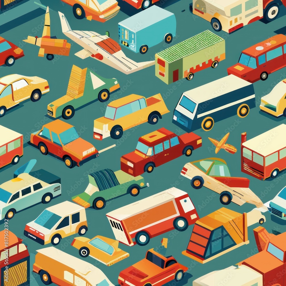 Seamless pattern of blocky vehicles like cars, trucks, and airplanes, perfect for wrapping gifts for transportation enthusiasts, Generative AI Seamless pattern of blocky vehicles like cars, trucks, and airplanes, perfect for wrapping gifts for transportation enthusiasts, Generative AI