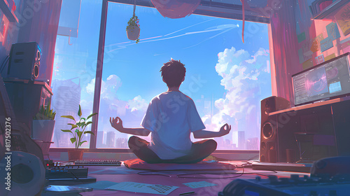 anime boy uses musicians to meditate in his room