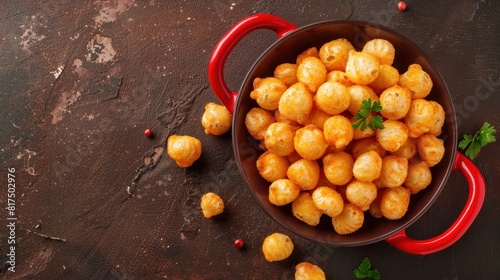 Crunchy, salty corn puffs snacks, also known in Romanian as pufuleti, in a red strainer photo
