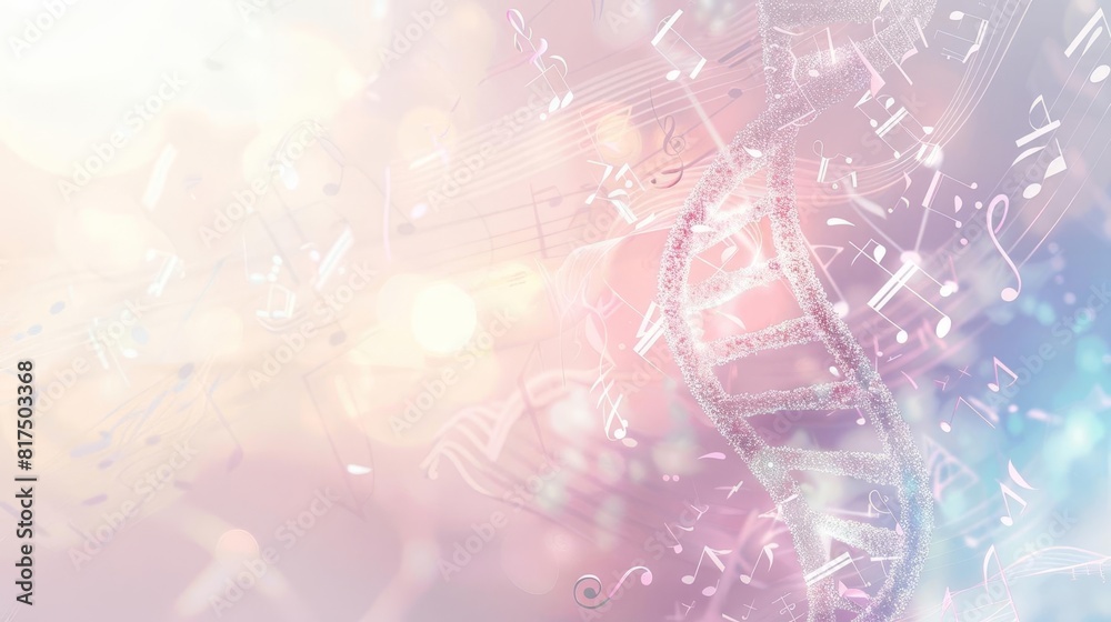 Obraz premium DNA double helix interlaced with musical notes on a subtle pastel background, offering plenty of copy space