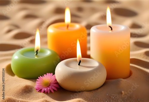 Candles burning on a bed of sand with a peaceful nature background