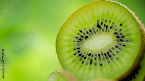 A fresh kiwi slice with its distinctive green hue and tiny black seeds, sharply focused against a blurred green background. 32k, full ultra HD, high resolution