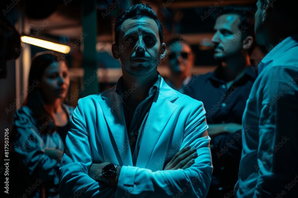 Portrait of a handsome man in a blue jacket in a night club. Portrait of a handsome man in a blue jacket in a night club.