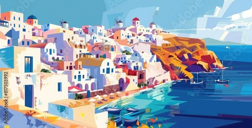 The Greek island of Santorini with its white buildings and blue sea on a sunny day,  © Ammar