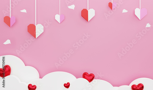 Valentine wallpaper papercut style, 3D render Valentine concept and copy space on pink background