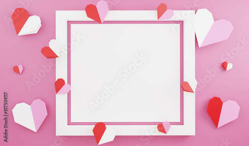 Valentine mockup frame and papercut heart decoration, 3D render Valentine concept and copy space on pink background