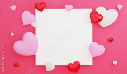 Valentine mockup frame and heart decoration, 3D render Valentine concept and copy space on red background