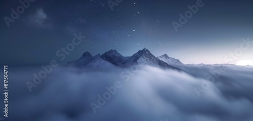 A mountain covered in dense fog at night, with just the tops of the highest peaks visible above the mist under a star-lit sky. 32k, full ultra HD, high resolution