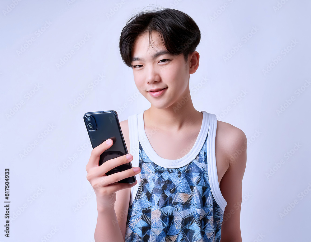 Young Chinese model smiling while using a smartphone. Young Chinese model smiling while using a smartphone.