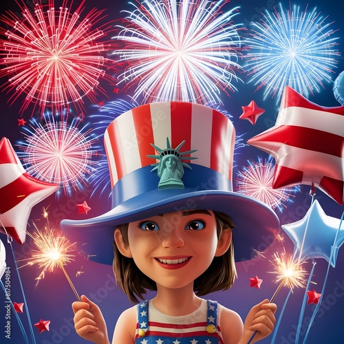 4th of July Independence day poster with a smiling women wearing hat 3D render illustration. American holiday template. photo