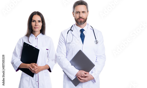two doctor hold medical prescription. doctor and nurse with clipboard isolated on white. professional physician with internist. medicine and healthcare. doctor at hospital. Written prescription