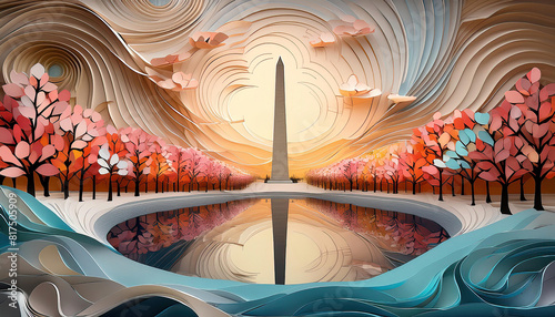 3D papercut view of the Washington Monument at sunrise photo