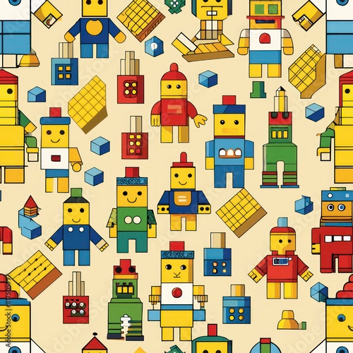 Seamless pattern of bricks and minifigures, celebrating the timeless appeal of these iconic building toys, Generative AI