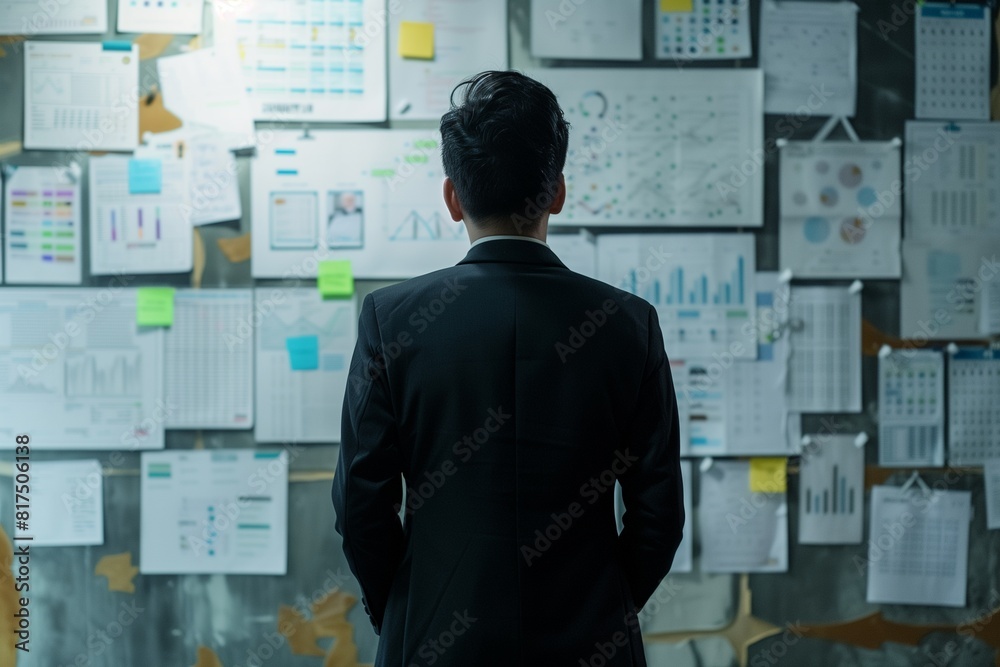 businessman standing in front of a data report board. generative AI businessman standing in front of a data report board. generative AI