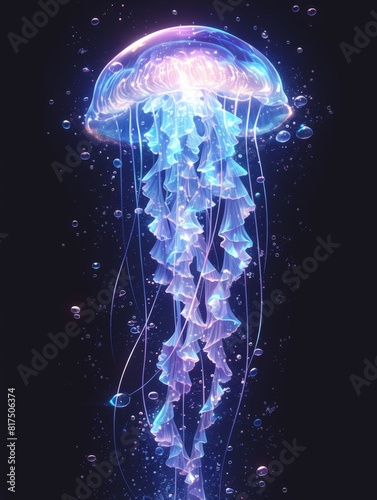 Glowing Jellyfish in Black Background, Mesmerizing Underwater Creature Concept, 4K Digital Wallpaper with Text Copy Space