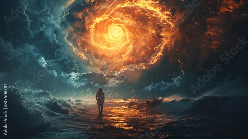 A person is walking on a beach in front of a large, fiery spiral © tope007