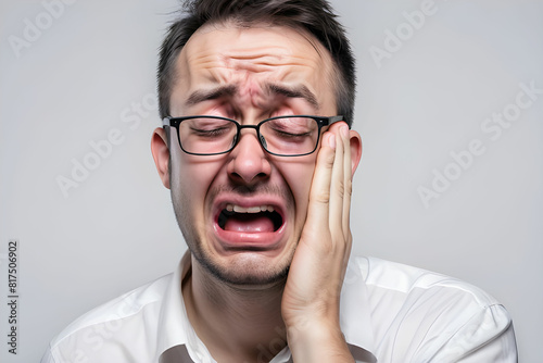 Man wearing glasses cry in sad emotion white background