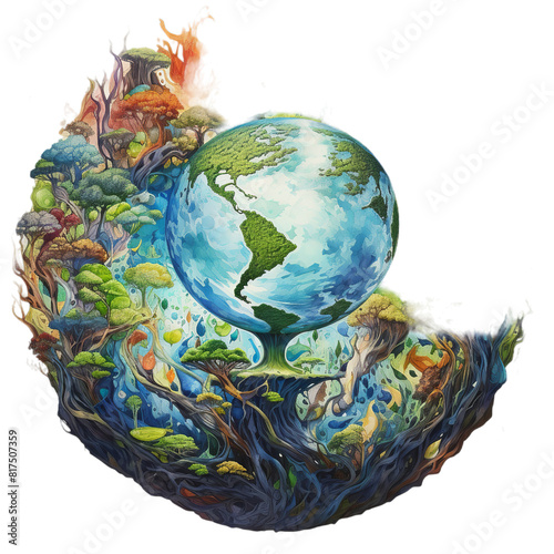 a earth full of life watercolor, Isolated on transparent PNG background, Generative ai