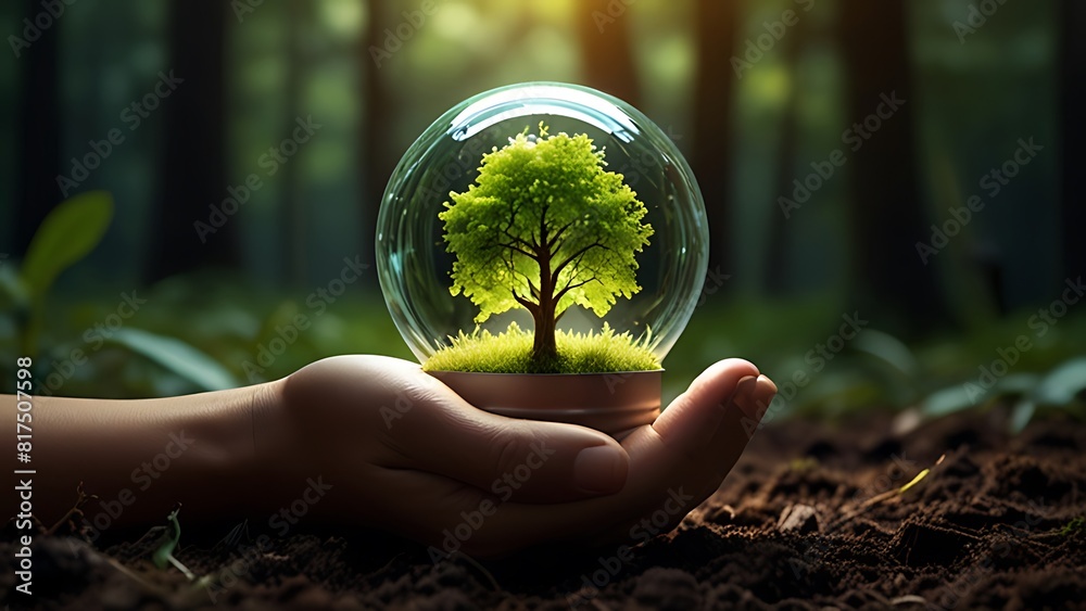 glass globe ball and tree in hand saving the environment