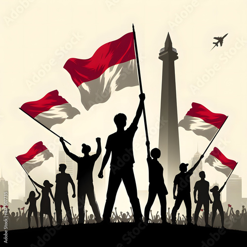 group of people holding Flag of Indonesia on independence day silhouette 04 photo