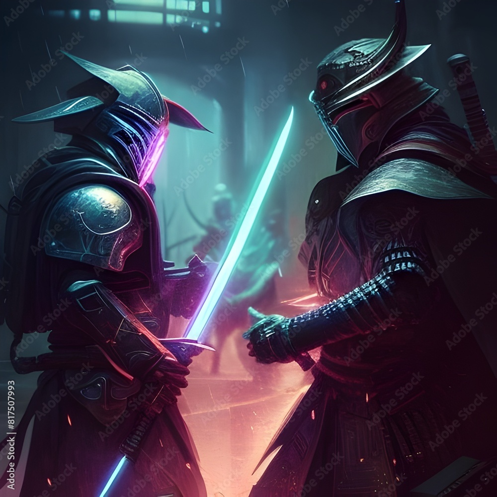 Naklejka premium Futuristic Samurai Warriors Battle Mythical Wizards in SciFi Showdown
