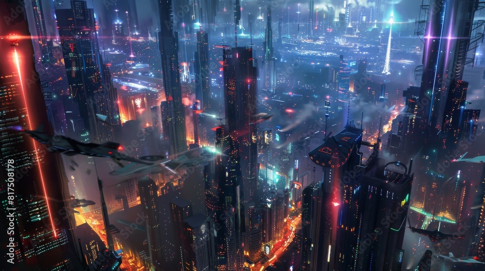 Abstract fictional cityscape futuristic urban architecture with lots of technology.