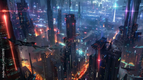 Abstract fictional cityscape futuristic urban architecture with lots of technology.