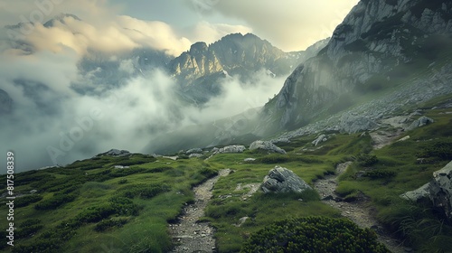 A mountain path winds through a lush green valley, with towering peaks rising up on either side