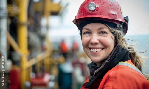 A woman wearing a red helmet and orange jacket is smiling
