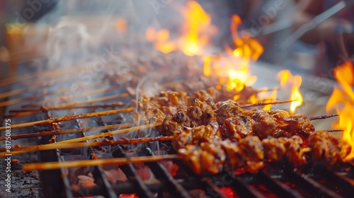 A street food vendor grills skewers of meat over an open flame
