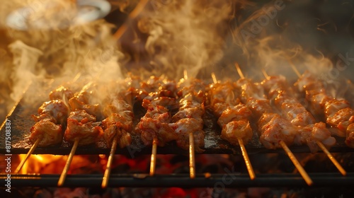 A delicious and juicy lamb kebab is being grilled over an open fire