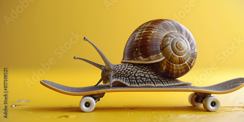 A snail is painted on a yellow background. Snail with a shell that is brown and white with a spiral pattern. 