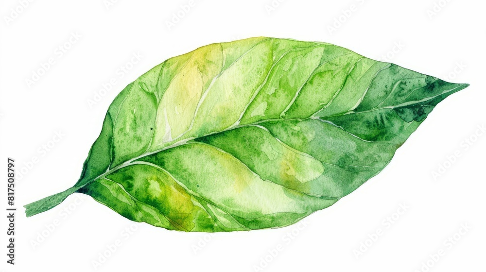 A watercolor leaf painted in delicate green hues on a clean white background A watercolor leaf painted in delicate green hues on a clean white background