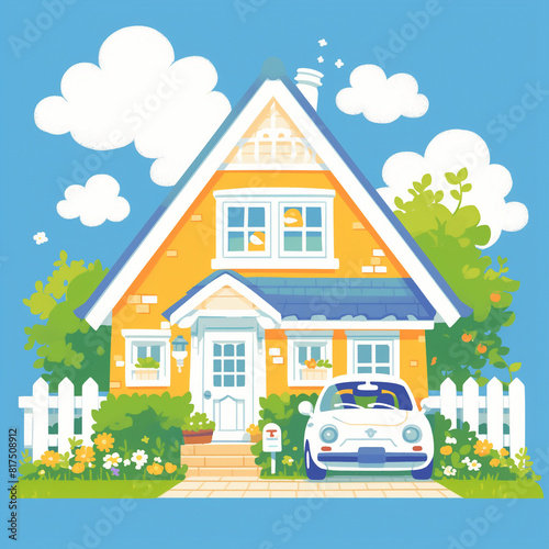 illustration of a house, kawaii illustration of a yellow house and white car, home, cute house photo