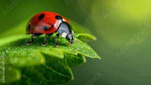 A vivid ladybug crawls on a green leaf adorned with morning dewdrops