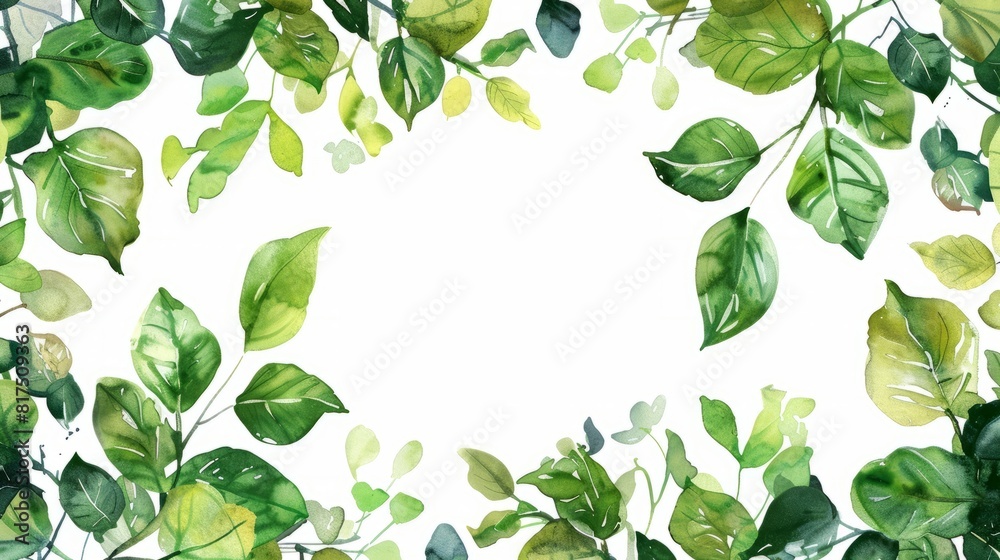 Watercolor illustration of a frame made of green leaves against a white background, copy space